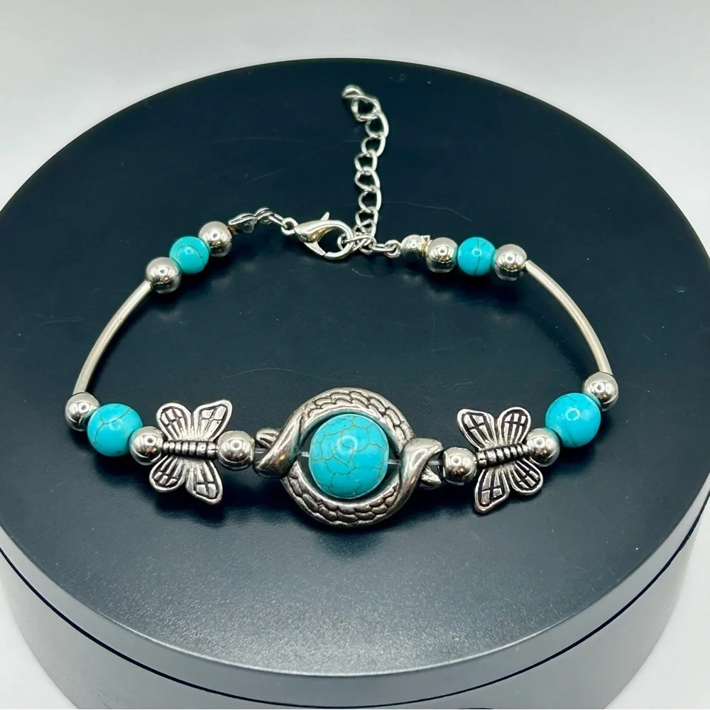 Whimsical Silver & Turquoise Butterfly Accent Bracelet